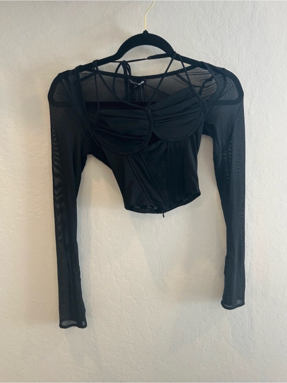 Black Mesh Long-Sleeve Corset Crop Top NWT